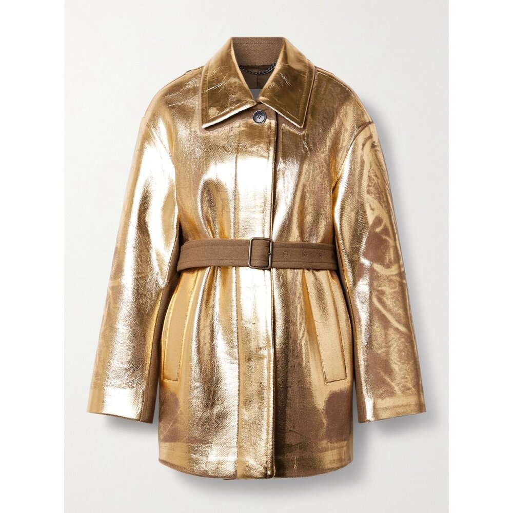 Dries Van Noten Womens Metallic Gold Foil Wool Blend Belted Coat Large Camel